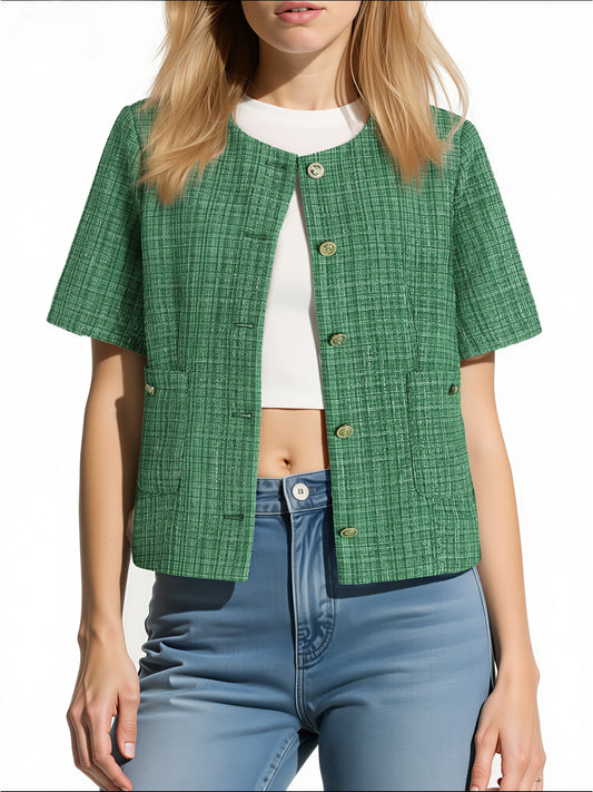 Women’s Green Woven Blazer – Chic Textured Tweed Jacket for Work or Casual Wear