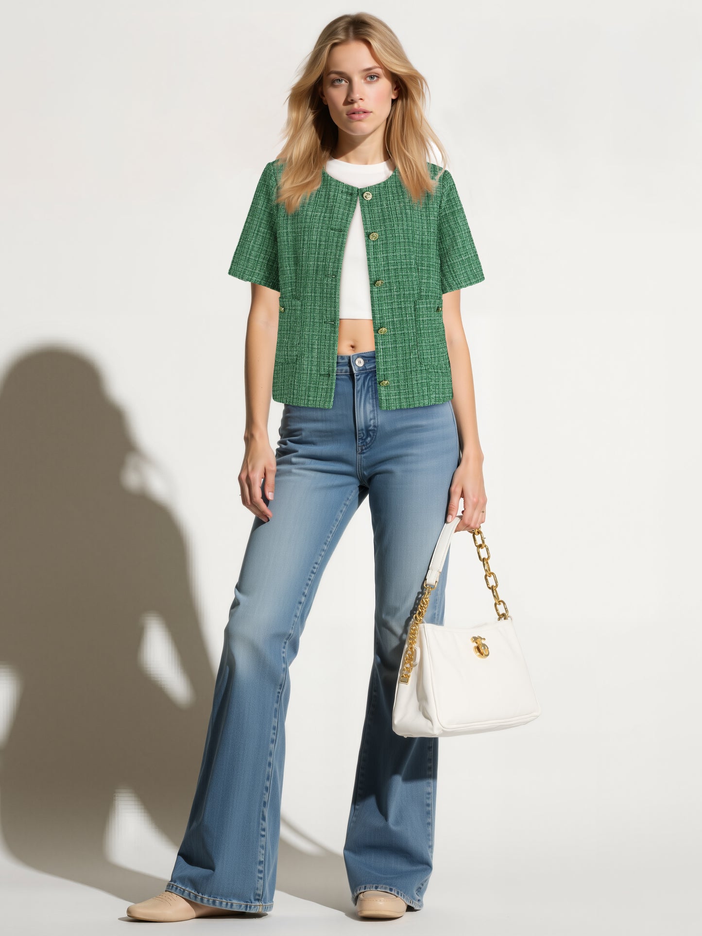 Women’s Green Woven Blazer – Chic Textured Tweed Jacket for Work or Casual Wear