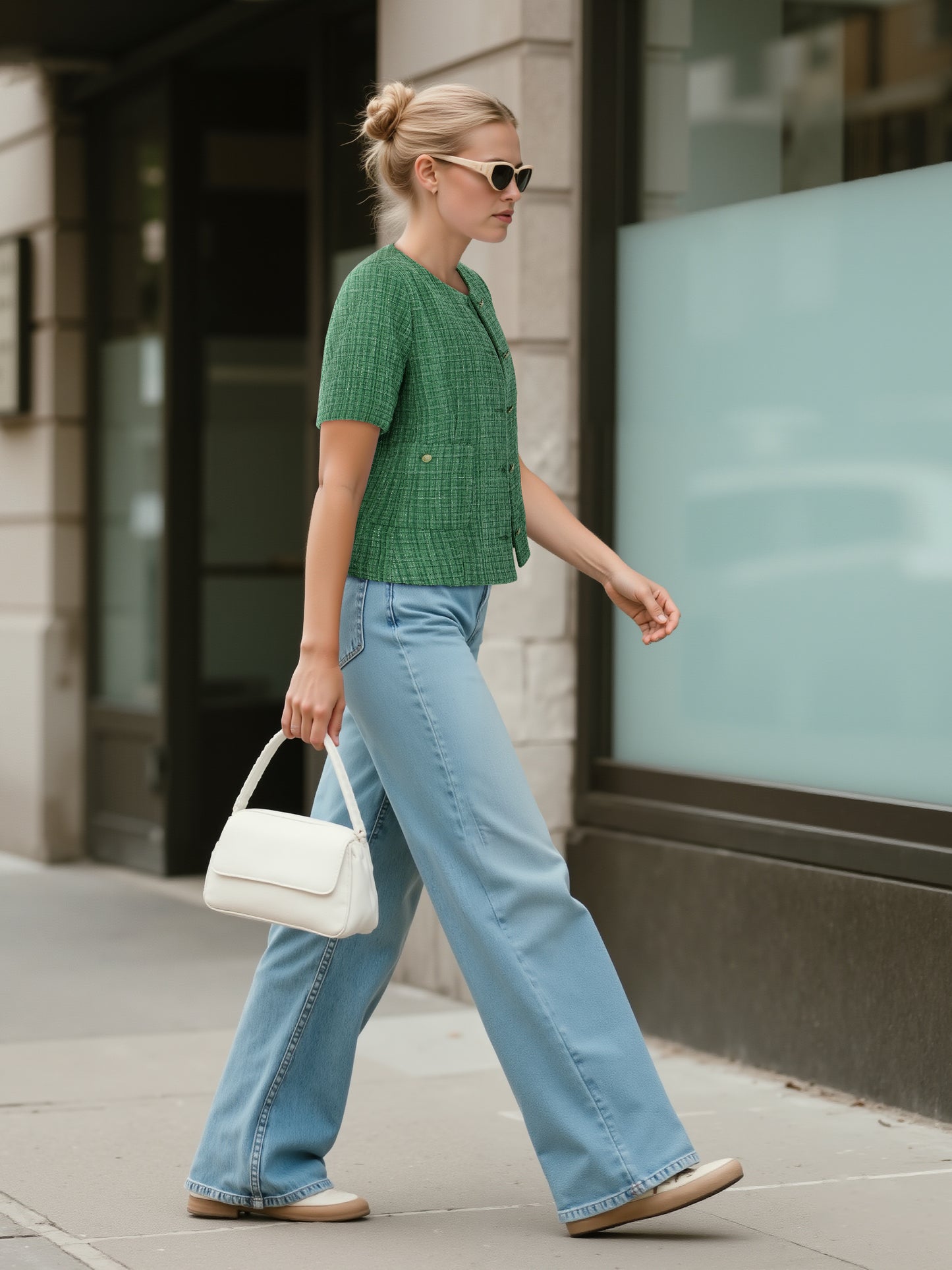 Women’s Green Woven Blazer – Chic Textured Tweed Jacket for Work or Casual Wear